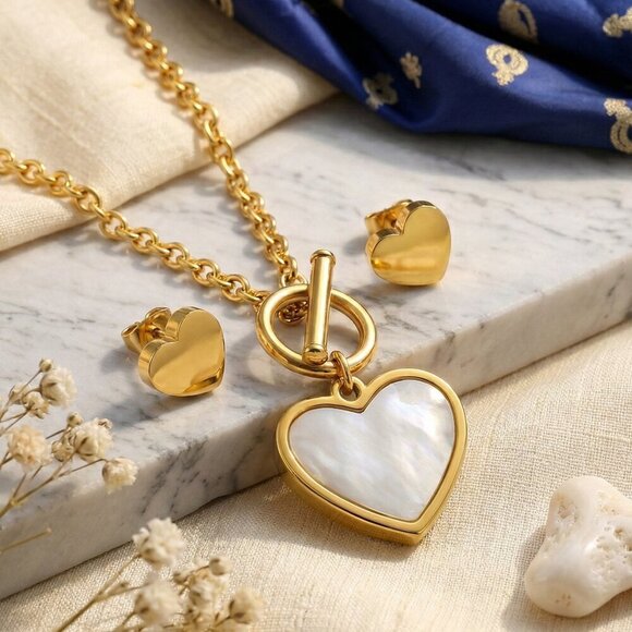 18K Gold Plated Stainless Steel White Shell Heart Toggle Necklace Earrings Set - Picture 10 of 12